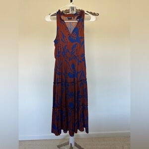 Sleeveless Burnt Orange & Blue Printed MIDI Dress